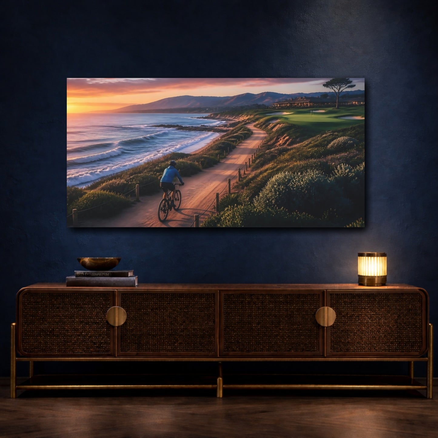 Mockup 4. Sunset Coastal Cyclist shown as canvas print