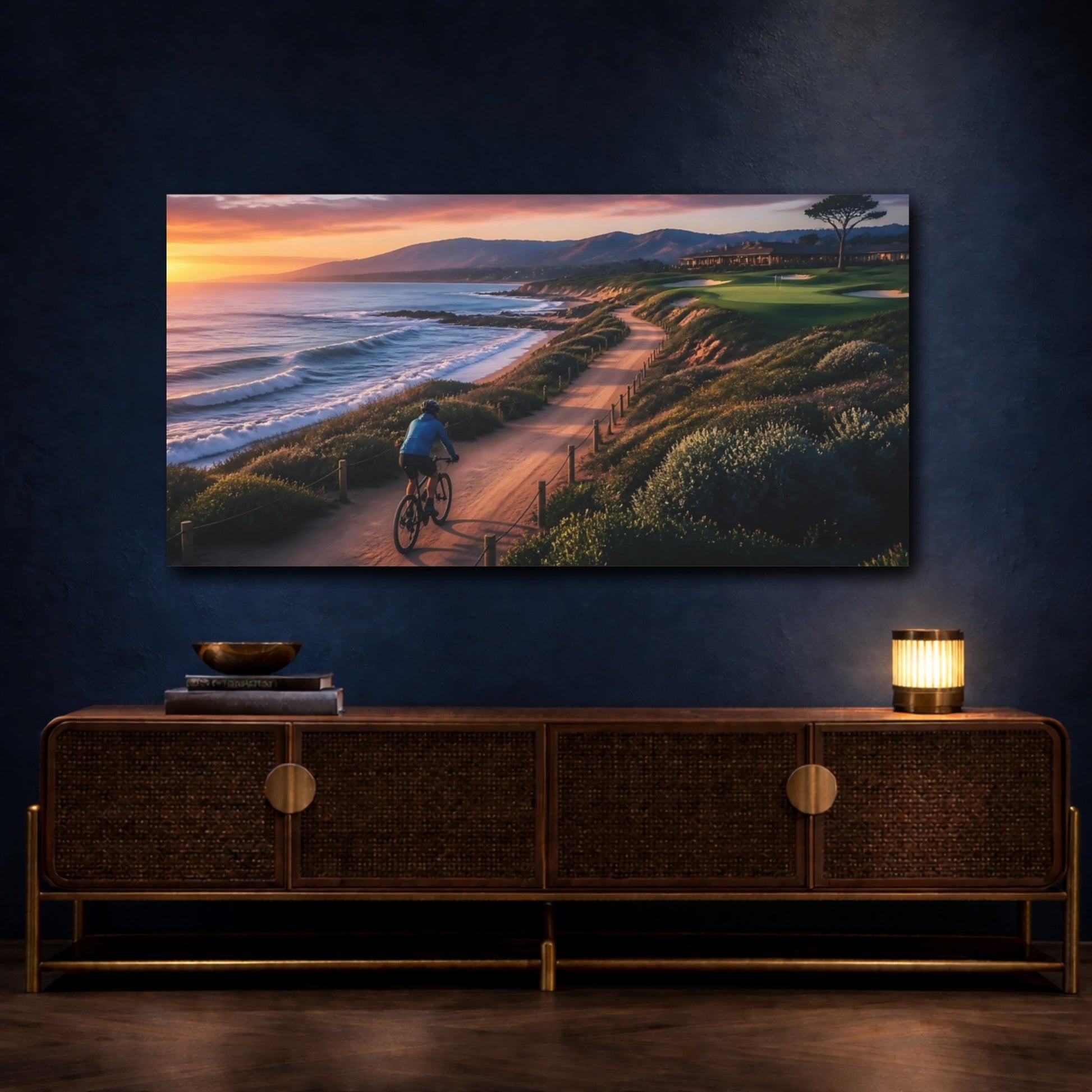 Mockup 4. Sunset Coastal Cyclist shown as canvas print