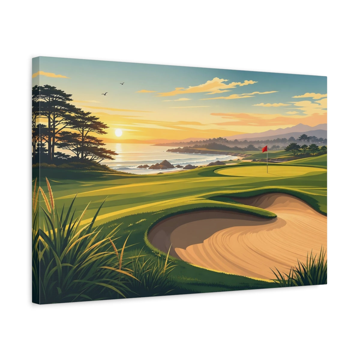 Side Mockup 3. Sunset Coastal Golf Course shown as canvas print