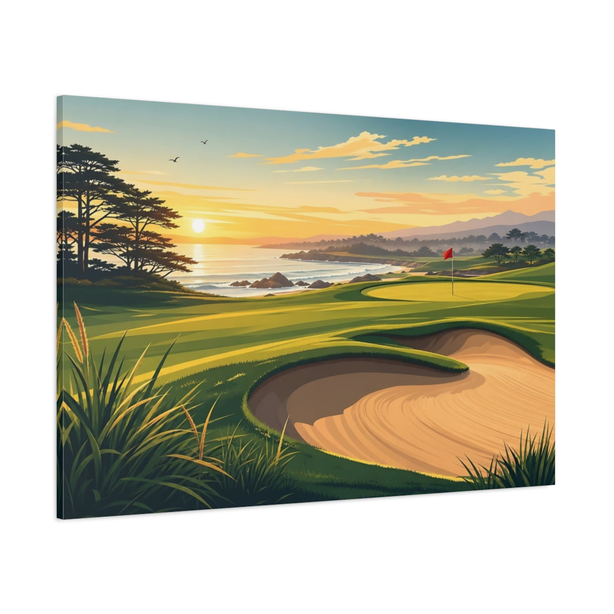 Side Mockup 1. Sunset Coastal Golf Course shown as canvas print