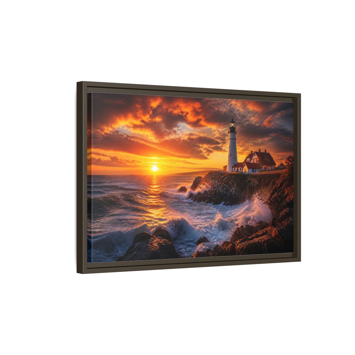 Side Mockup 2. Sunset Coastal Lighthouse shown as framed canvas print