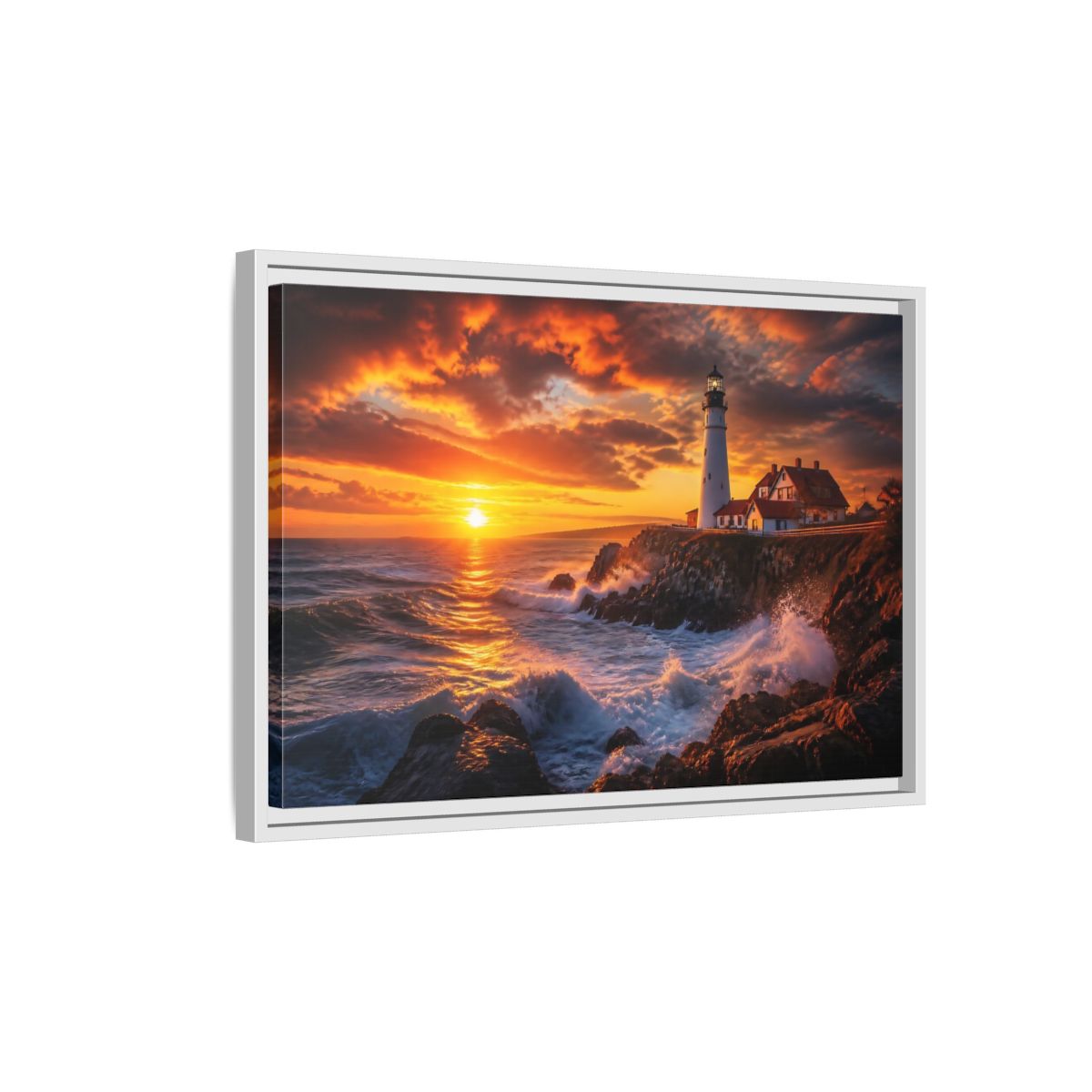 Side Mockup 1. Sunset Coastal Lighthouse shown as framed canvas print