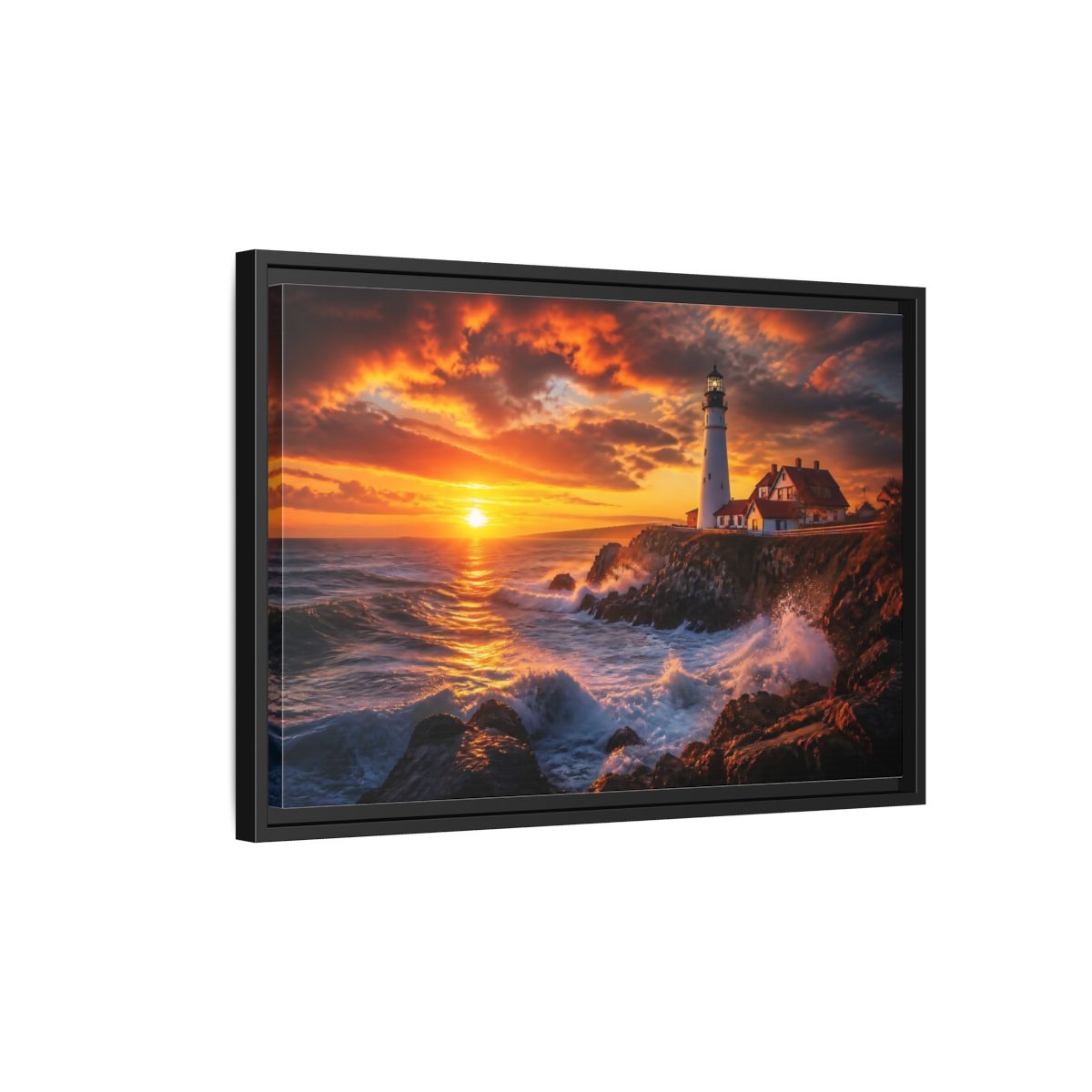 Side Mockup 3. Sunset Coastal Lighthouse shown as framed canvas print