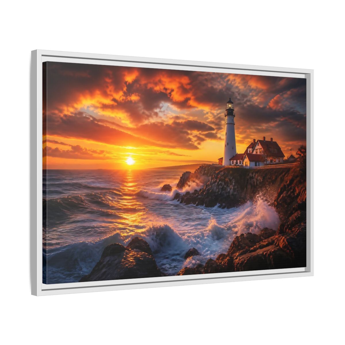 Side Mockup 10. Sunset Coastal Lighthouse shown as framed canvas print