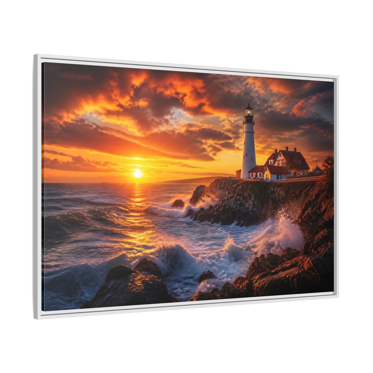 Side Mockup 7. Sunset Coastal Lighthouse shown as framed canvas print