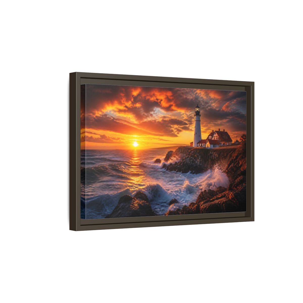 Side Mockup 5. Sunset Coastal Lighthouse shown as framed canvas print