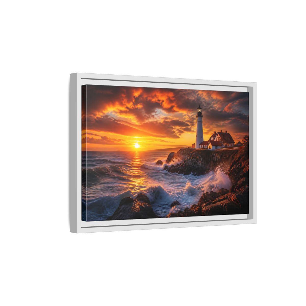 Side Mockup 4. Sunset Coastal Lighthouse shown as framed canvas print