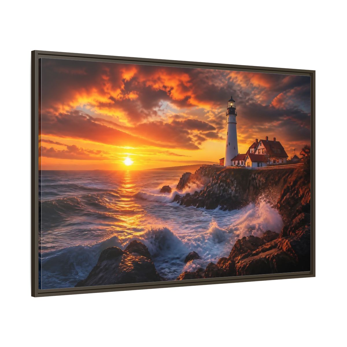 Side Mockup 8. Sunset Coastal Lighthouse shown as framed canvas print