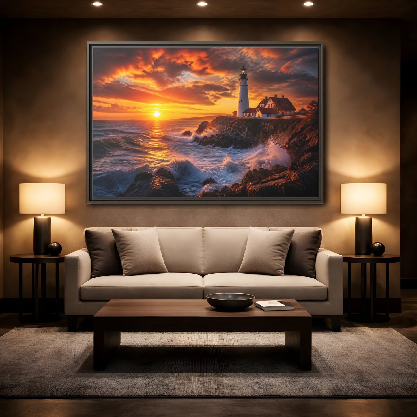 Mockup 2. Sunset Coastal Lighthouse shown as framed canvas print