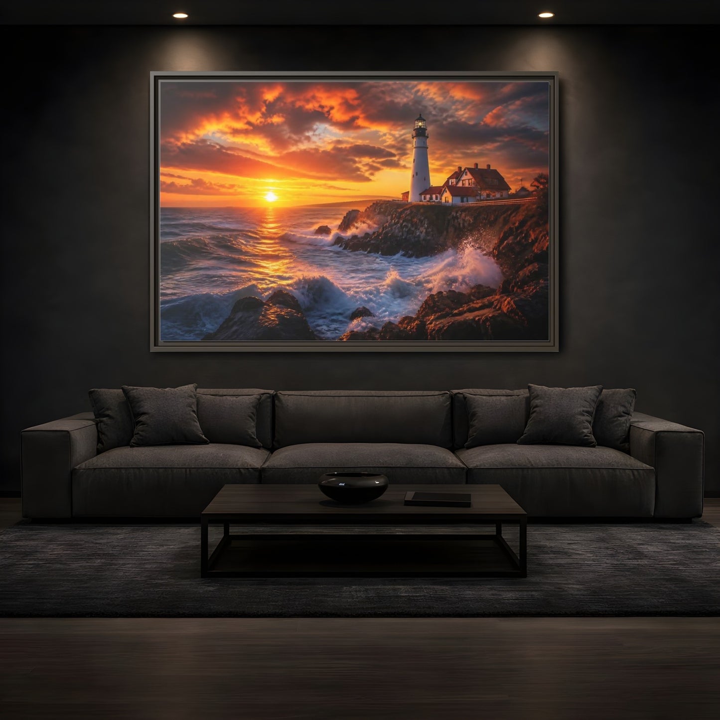 Mockup 3. Sunset Coastal Lighthouse shown as framed canvas print
