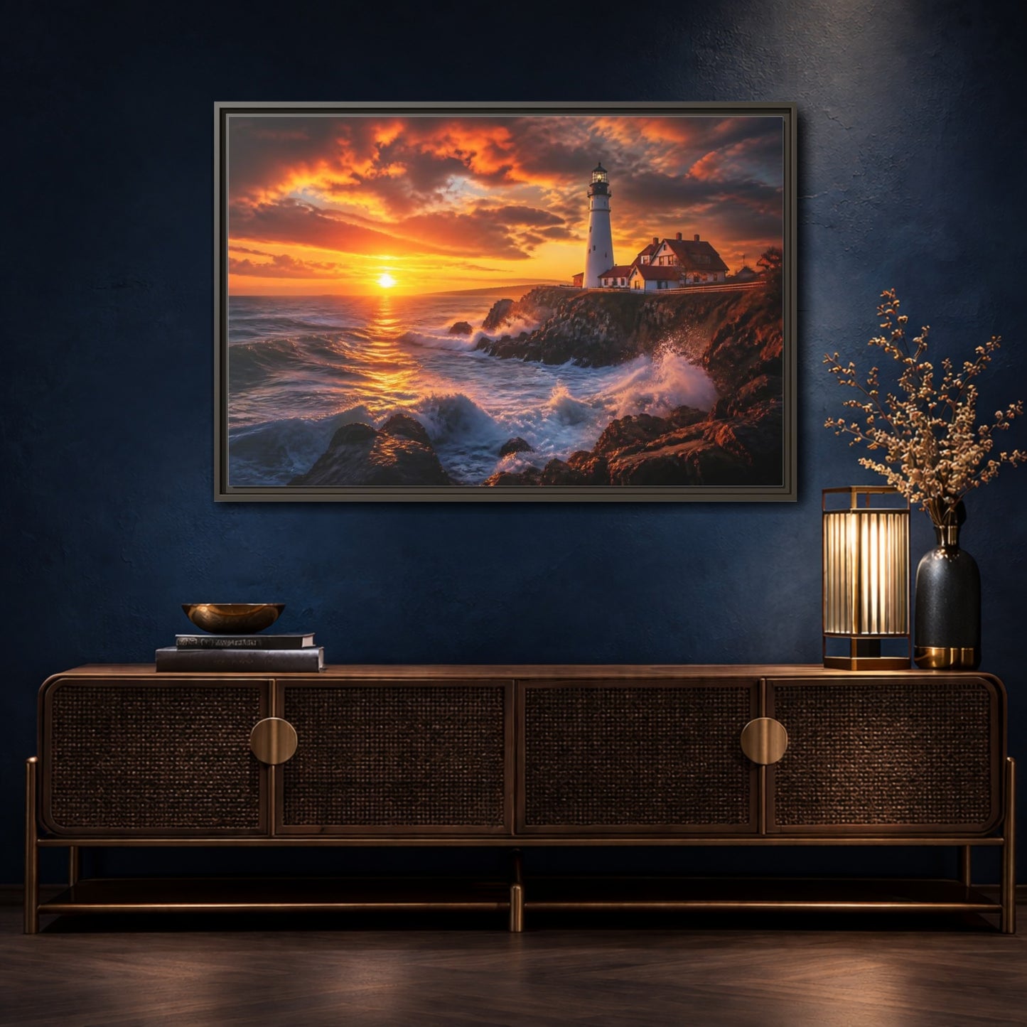 Mockup 4. Sunset Coastal Lighthouse shown as framed canvas print