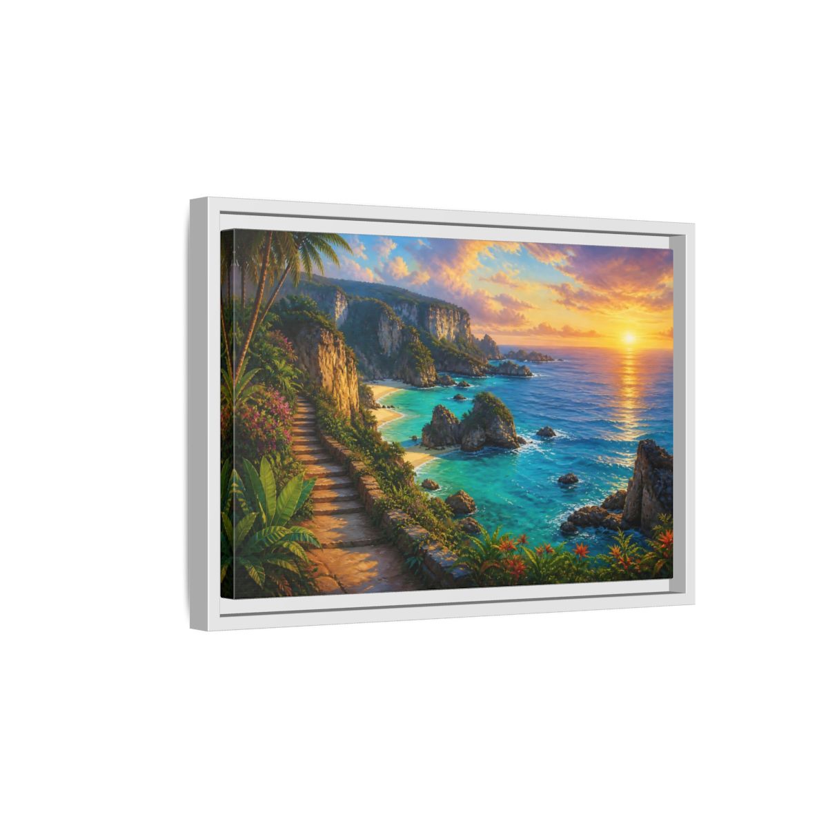 Side Mockup 4. Sunset Coastal Pathway shown as framed canvas print