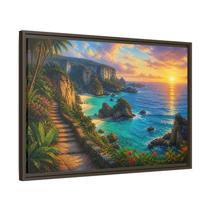 Side Mockup 11. Sunset Coastal Pathway shown as framed canvas print