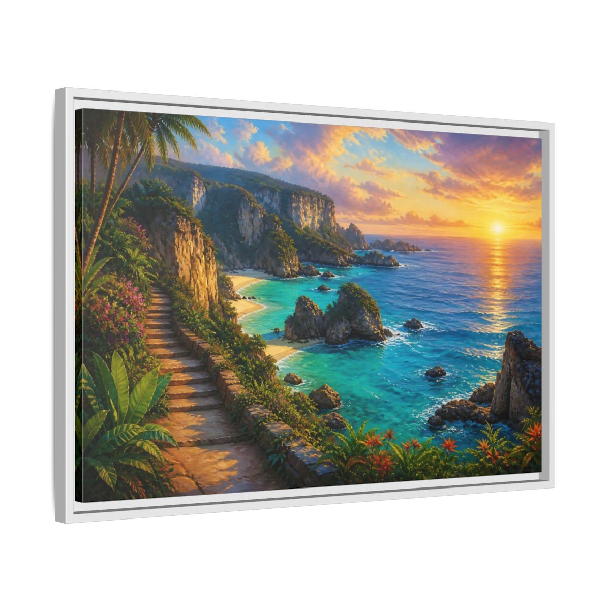 Side Mockup 10. Sunset Coastal Pathway shown as framed canvas print