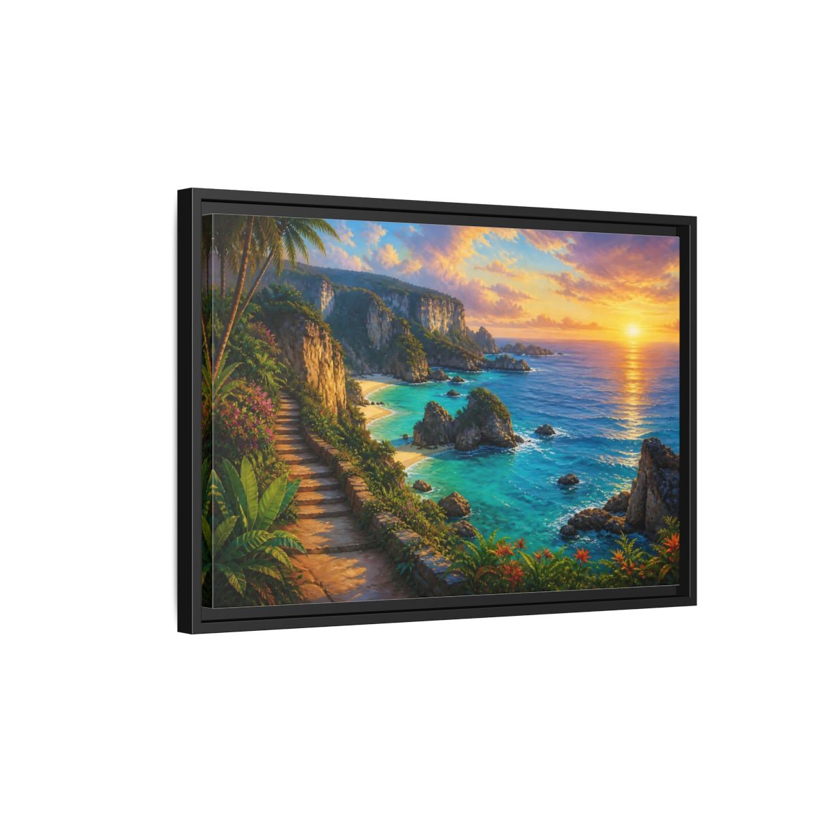 Side Mockup 3. Sunset Coastal Pathway shown as framed canvas print