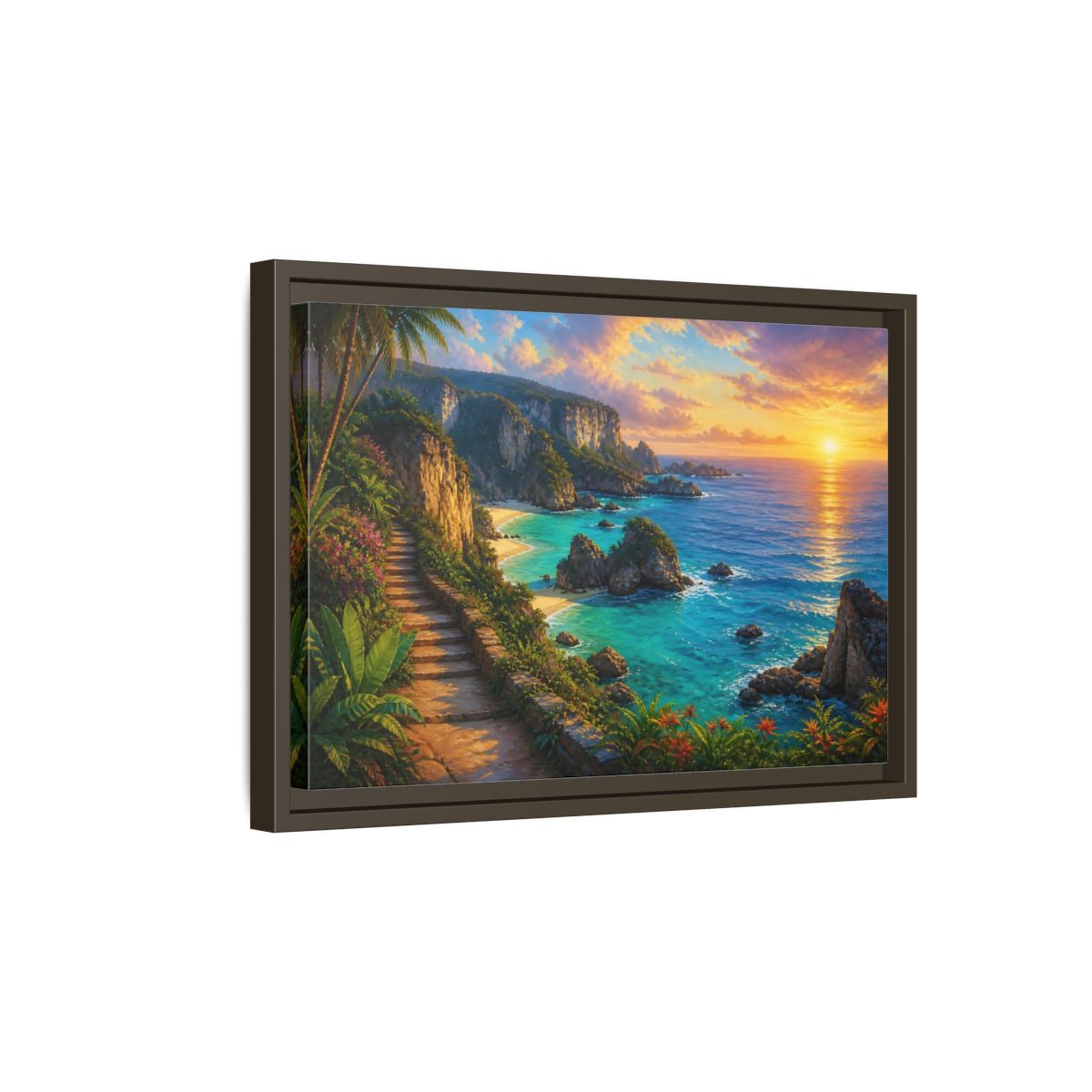 Side Mockup 5. Sunset Coastal Pathway shown as framed canvas print