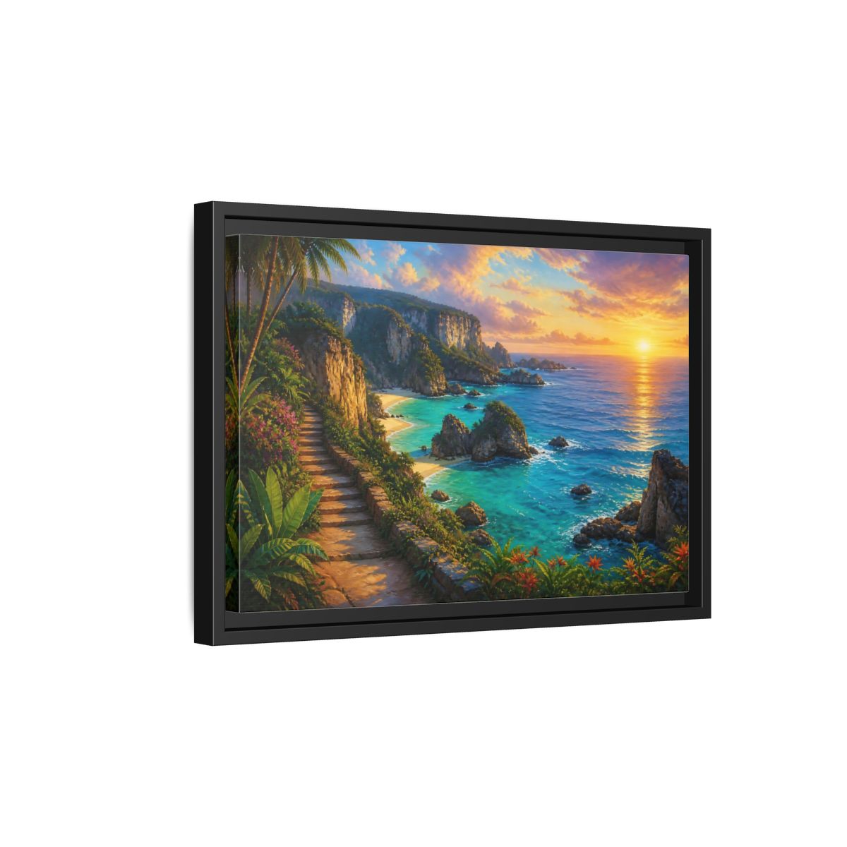 Side Mockup 6. Sunset Coastal Pathway shown as framed canvas print