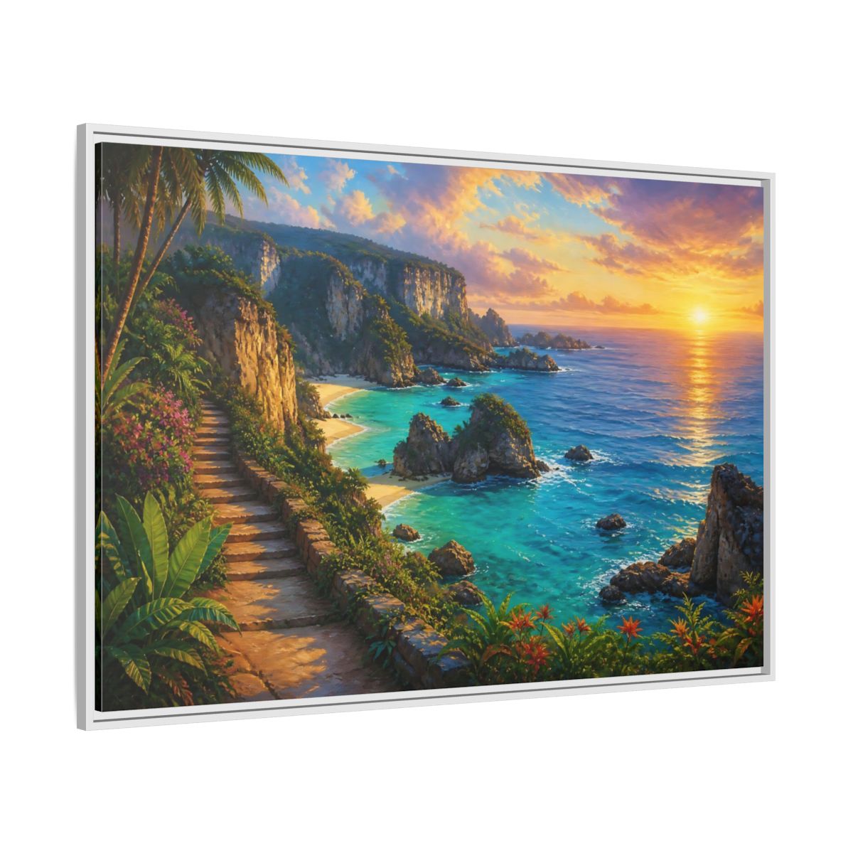 Side Mockup 7. Sunset Coastal Pathway shown as framed canvas print