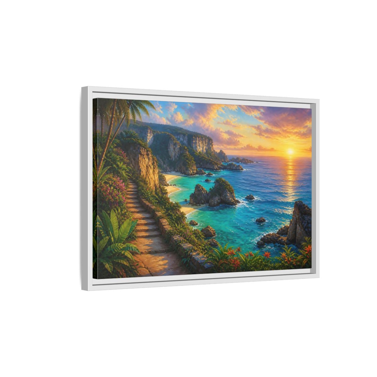 Side Mockup 1. Sunset Coastal Pathway shown as framed canvas print