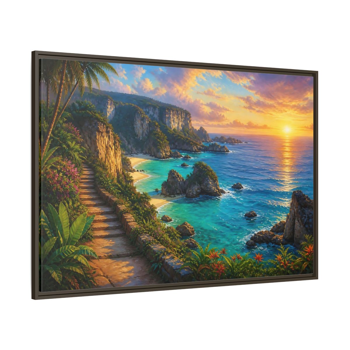 Side Mockup 8. Sunset Coastal Pathway shown as framed canvas print