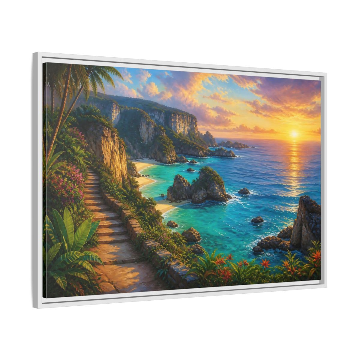Side Mockup 9. Sunset Coastal Pathway shown as framed canvas print