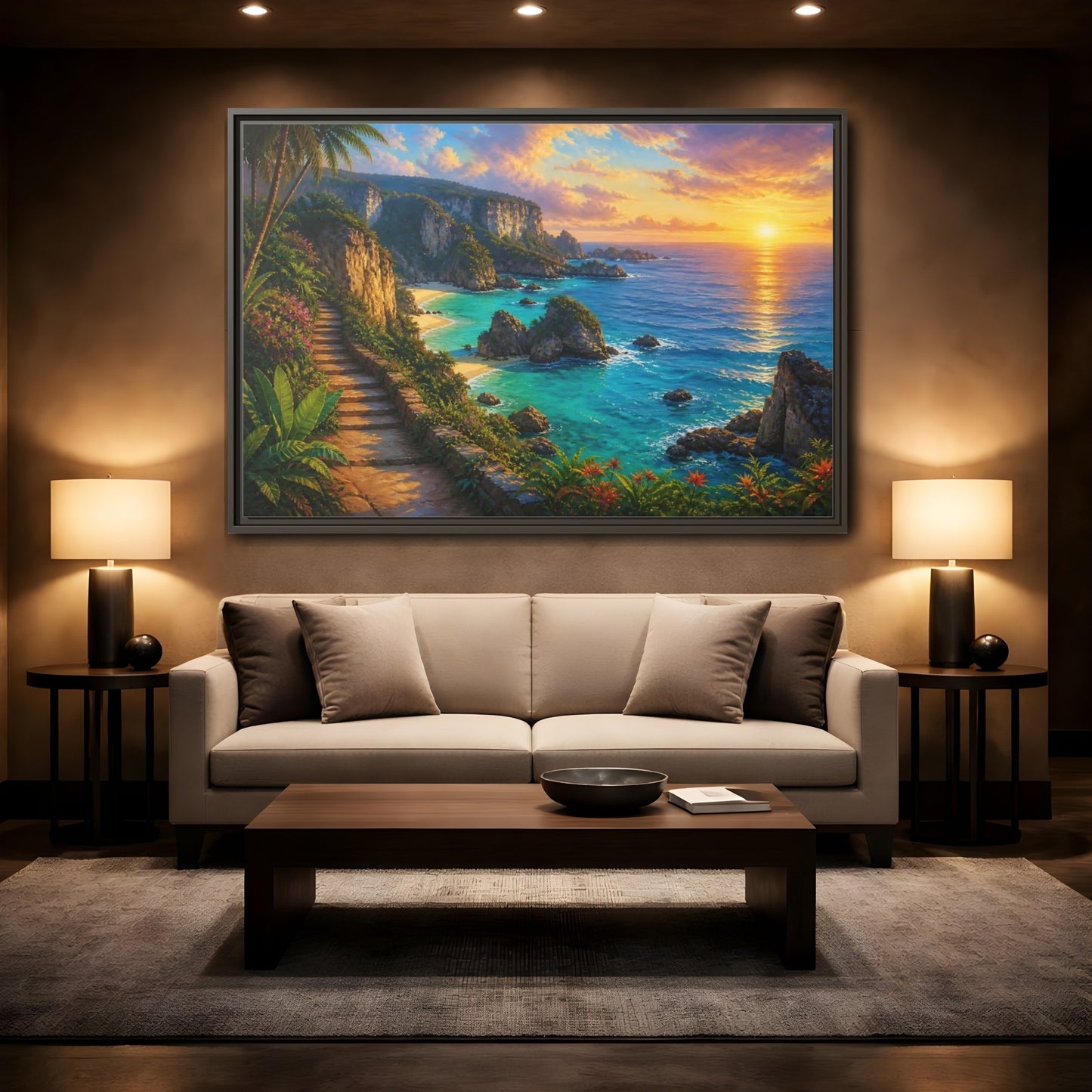 Mockup 2. Sunset Coastal Pathway shown as framed canvas print