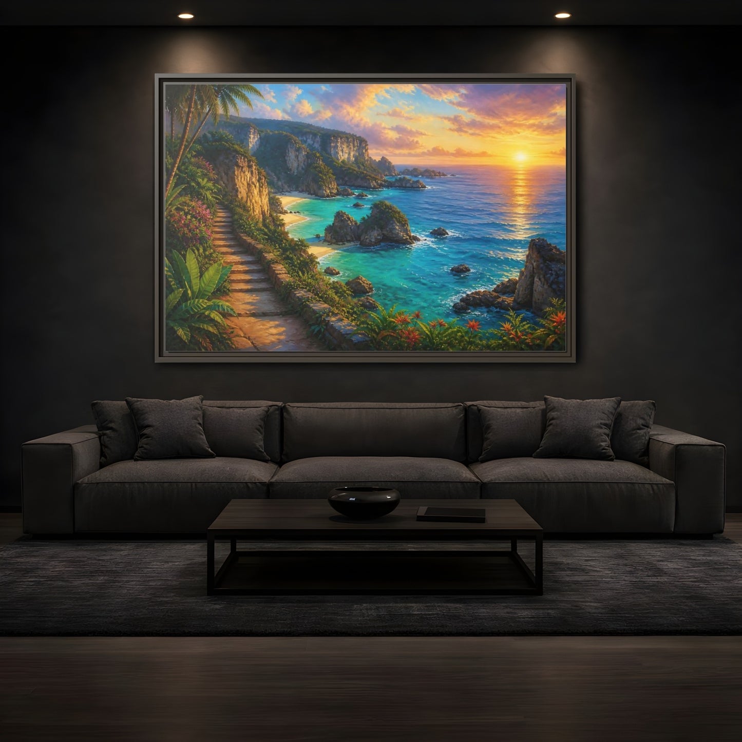 Mockup 3. Sunset Coastal Pathway shown as framed canvas print