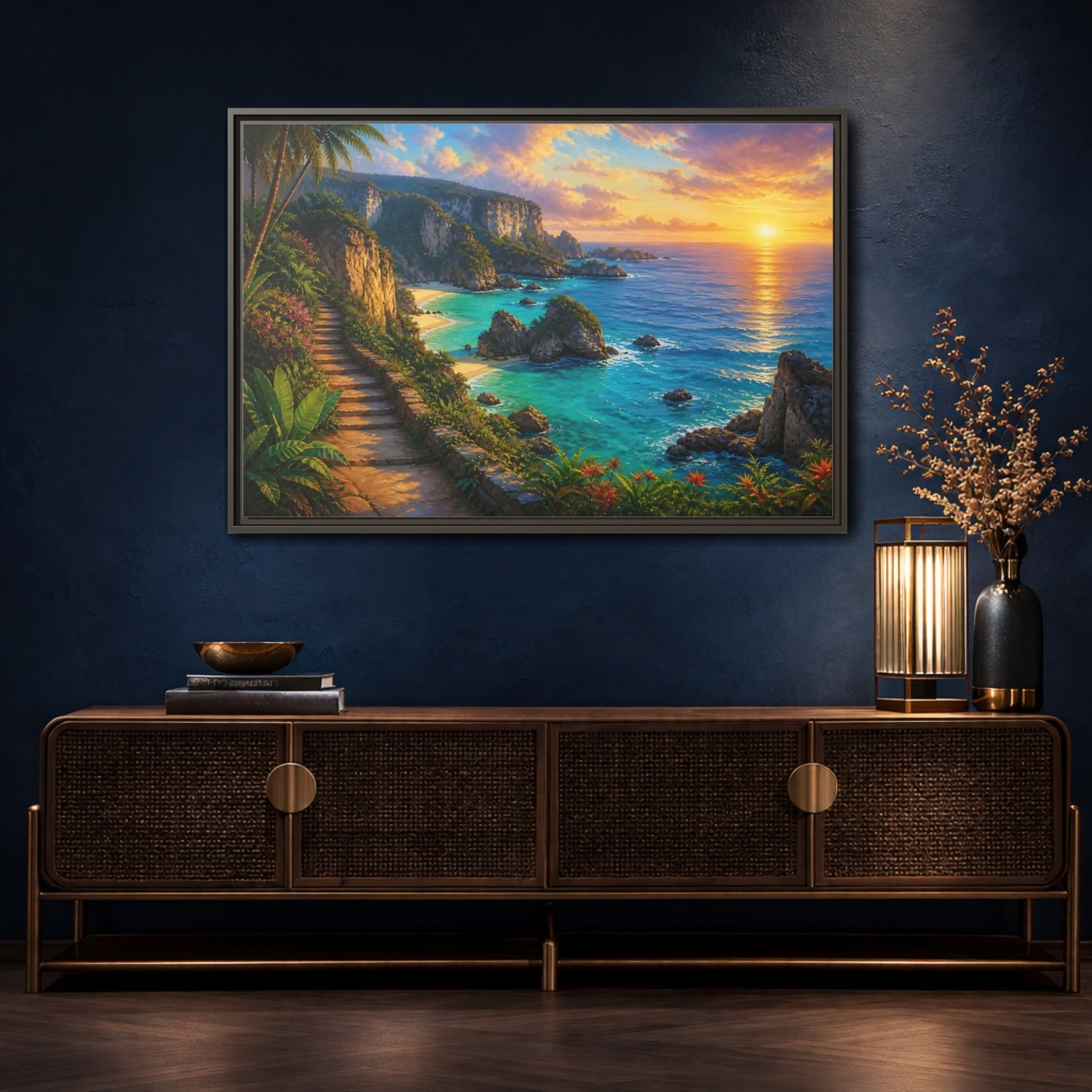 Mockup 4. Sunset Coastal Pathway shown as framed canvas print