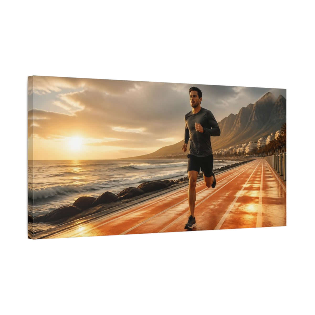 Side Mockup 1. Sunset Coastal Runner shown as canvas print