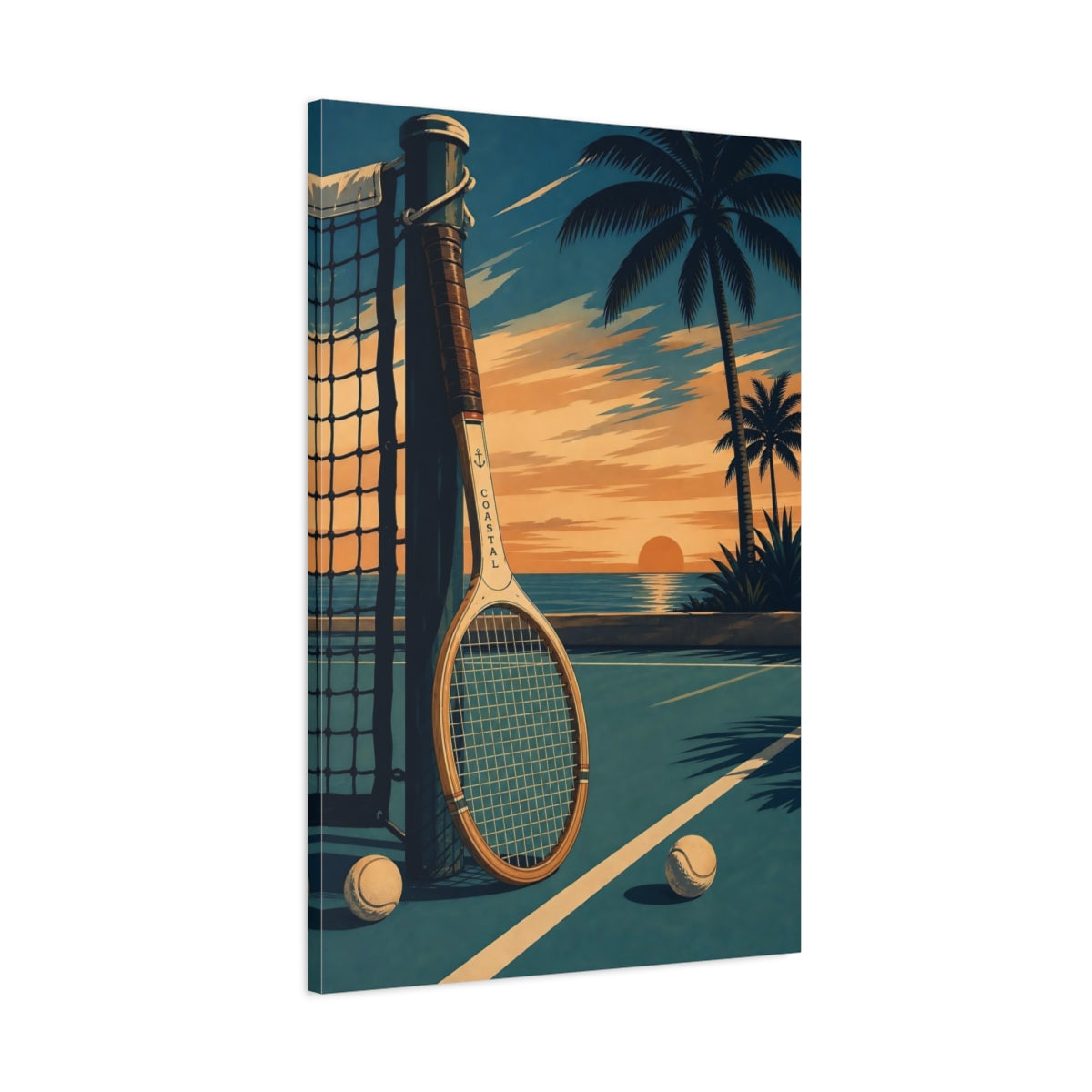 Main Mockup. Sunset Coastal Tennis shown as canvas print