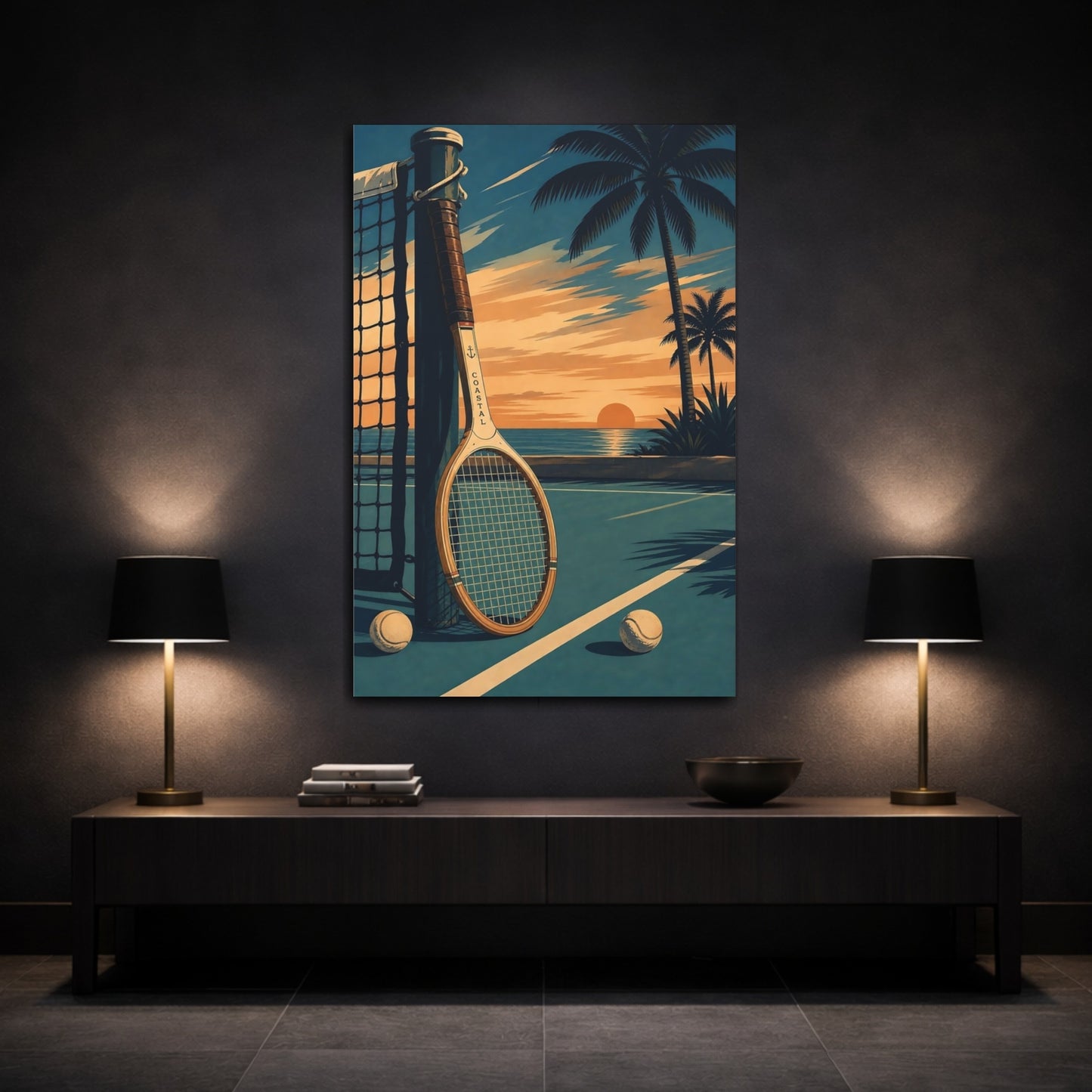 Mockup 3. Sunset Coastal Tennis shown as canvas print