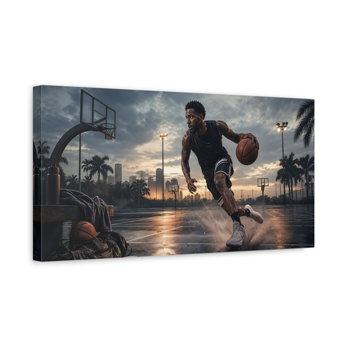 Side Mockup 3. Sunset Court Hustle shown as canvas print