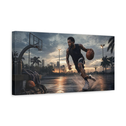 Side Mockup 3. Sunset Court Hustle shown as canvas print