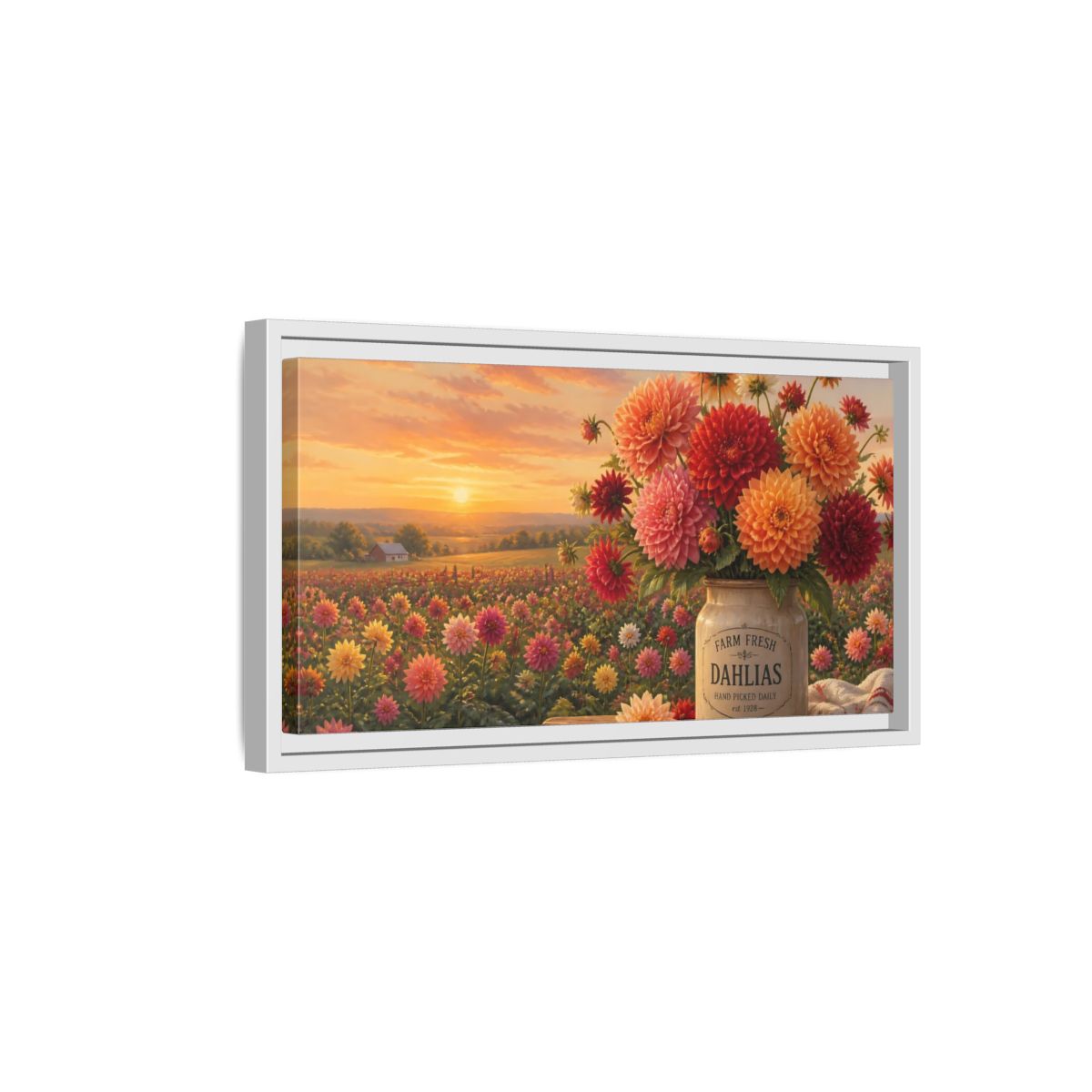 Side Mockup 6. Sunset Dahlia Bouquet shown as framed canvas print