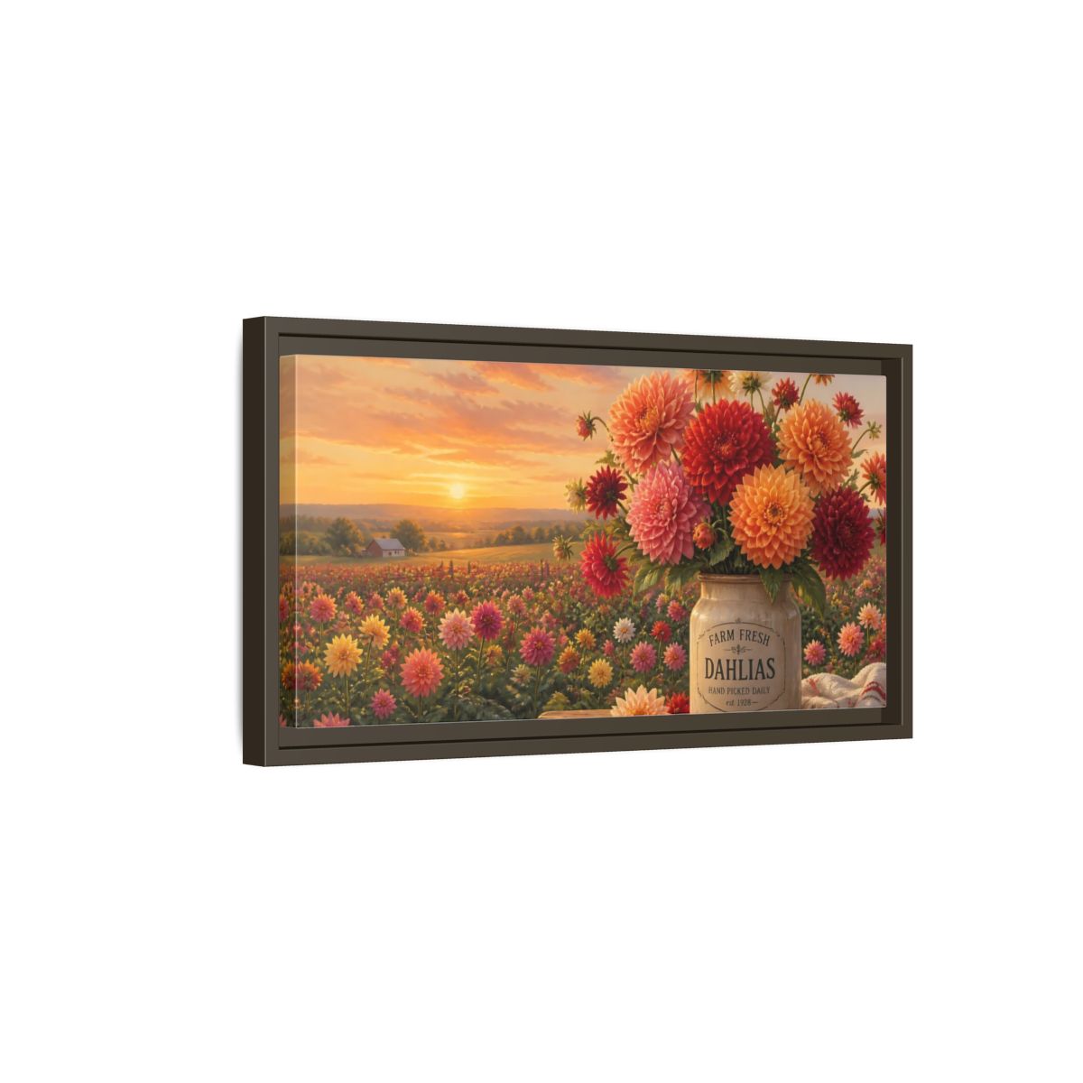 Side Mockup 7. Sunset Dahlia Bouquet shown as framed canvas print