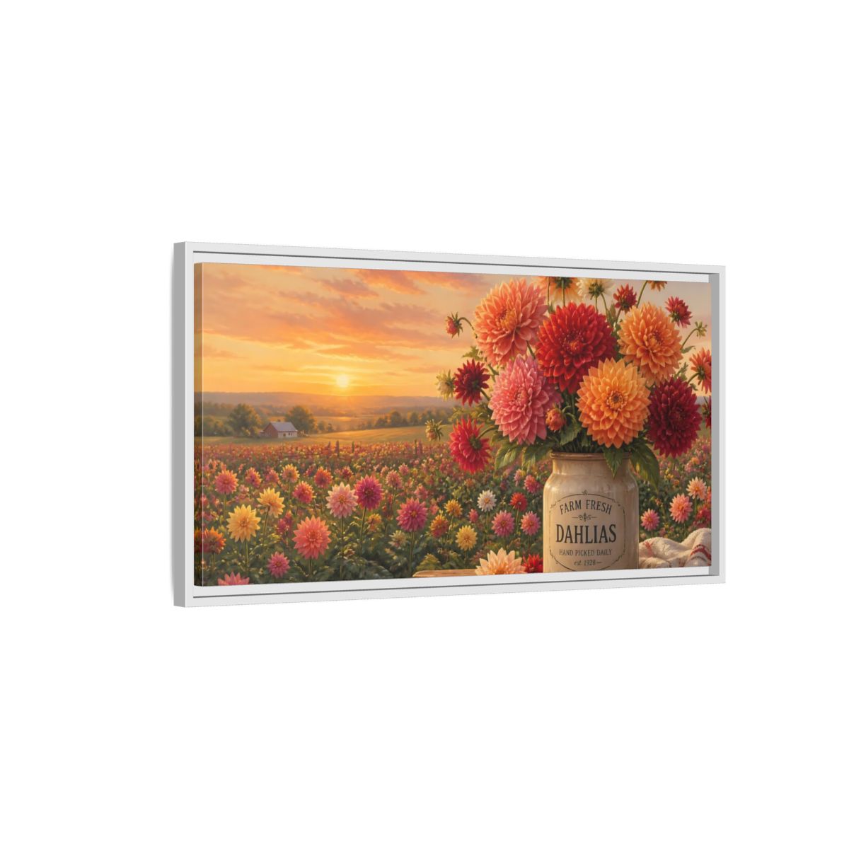 Side Mockup 1. Sunset Dahlia Bouquet shown as framed canvas print