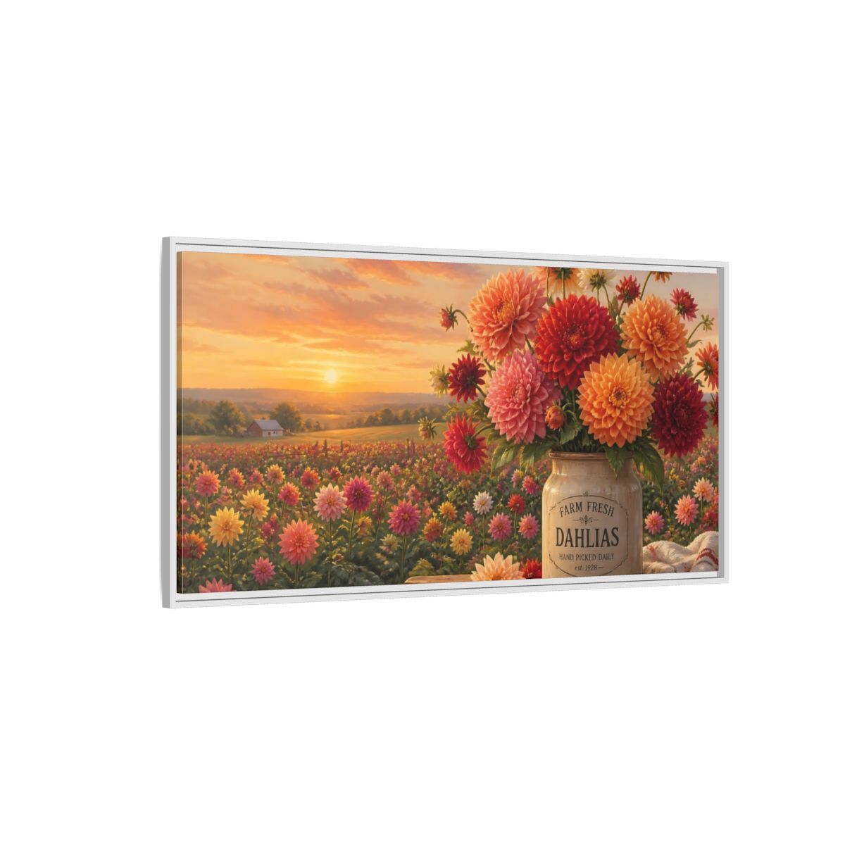 Side Mockup 3. Sunset Dahlia Bouquet shown as framed canvas print