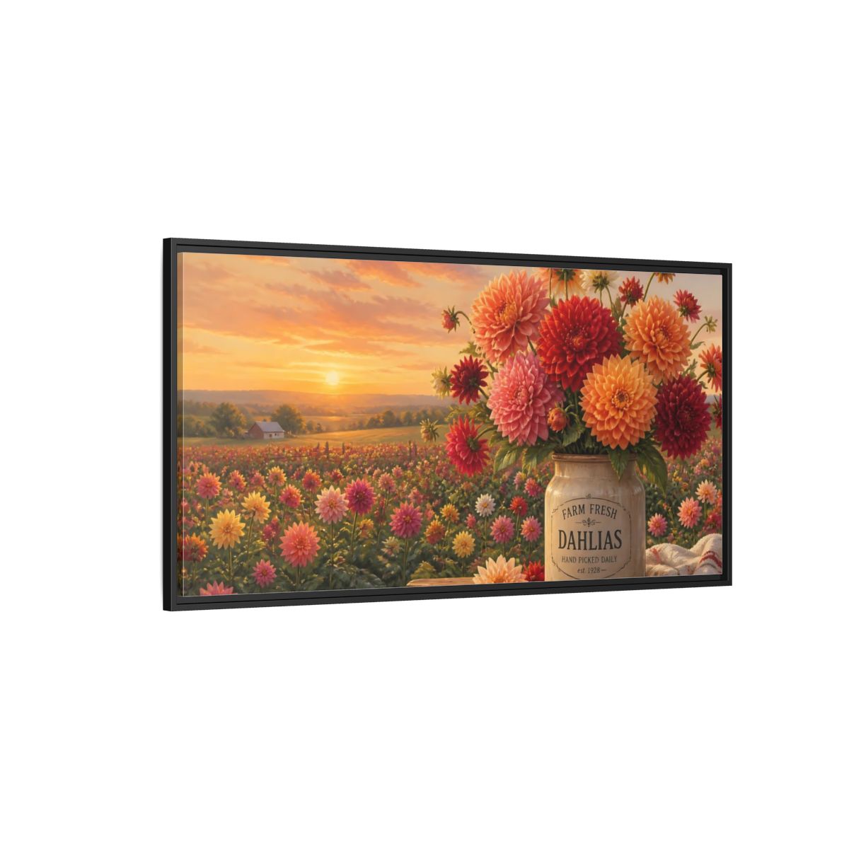 Side Mockup 5. Sunset Dahlia Bouquet shown as framed canvas print