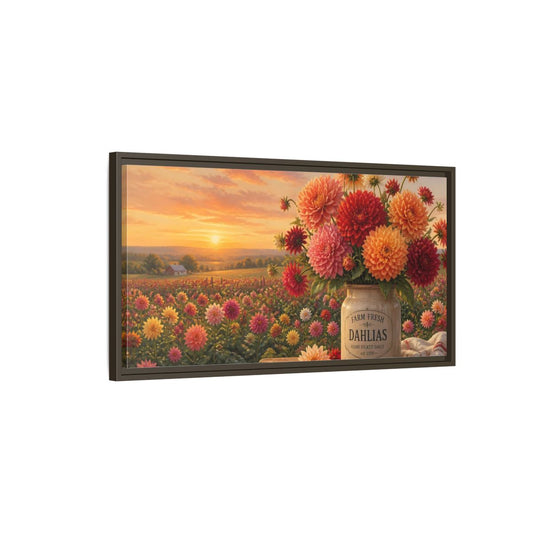 Main Mockup. Sunset Dahlia Bouquet shown as framed canvas print