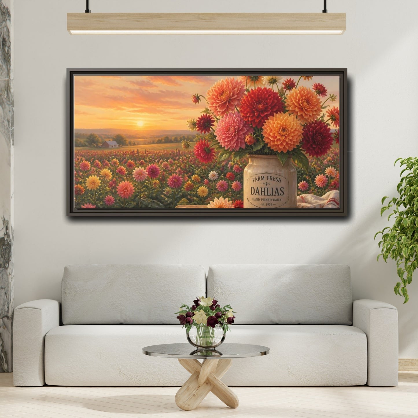 Mockup 2. Sunset Dahlia Bouquet shown as framed canvas print