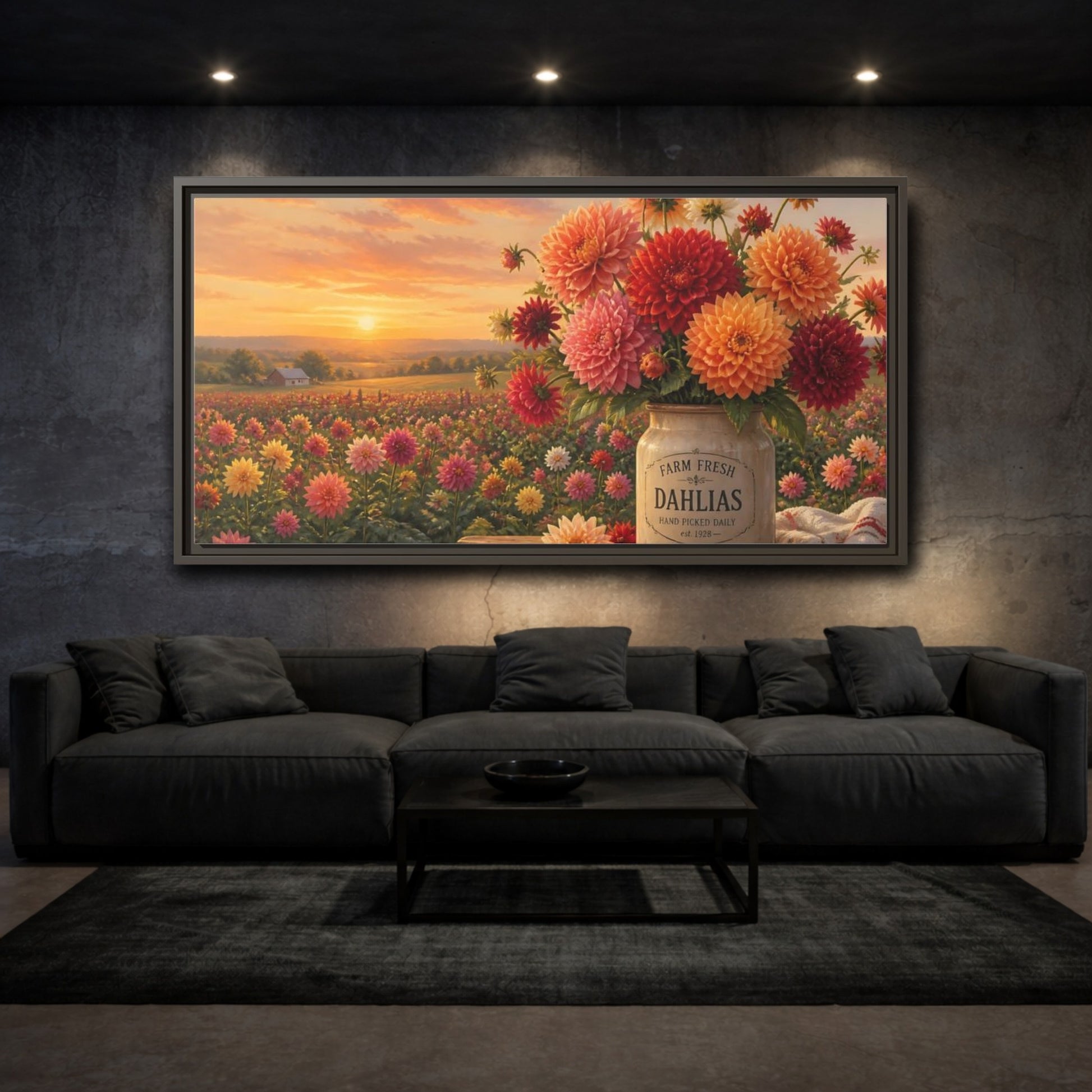 Mockup 3. Sunset Dahlia Bouquet shown as framed canvas print