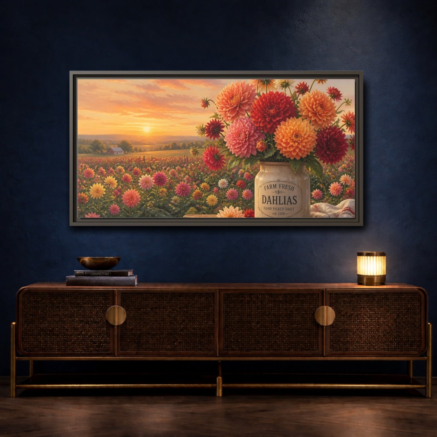 Mockup 4. Sunset Dahlia Bouquet shown as framed canvas print