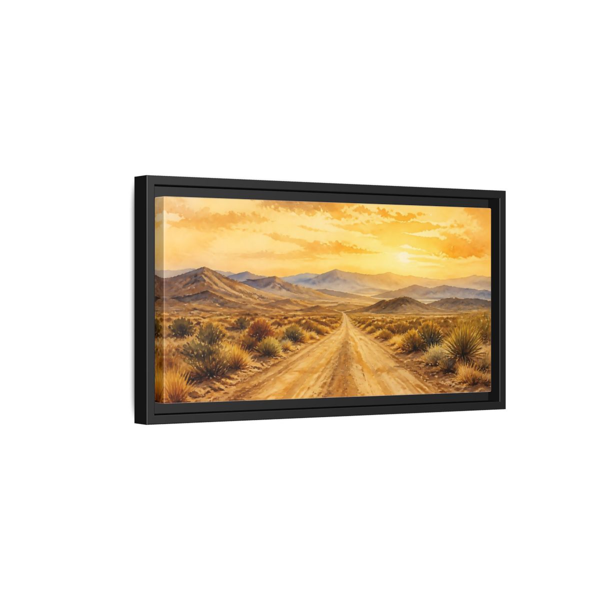 Side Mockup 8. Sunset Desert Road shown as framed canvas print