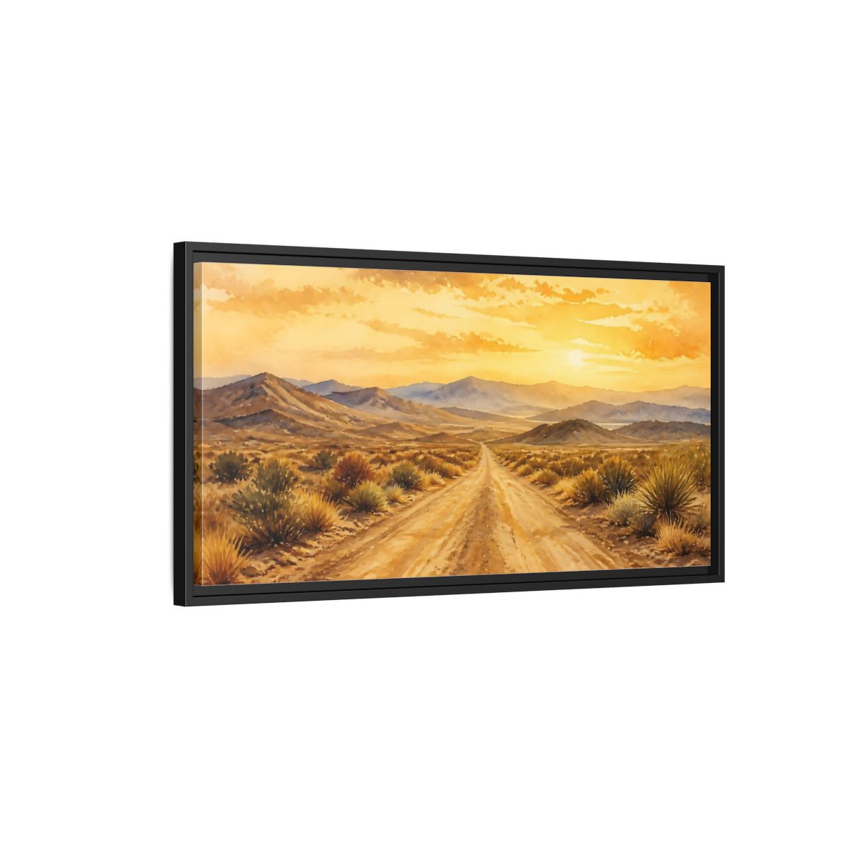 Side Mockup 2. Sunset Desert Road shown as framed canvas print