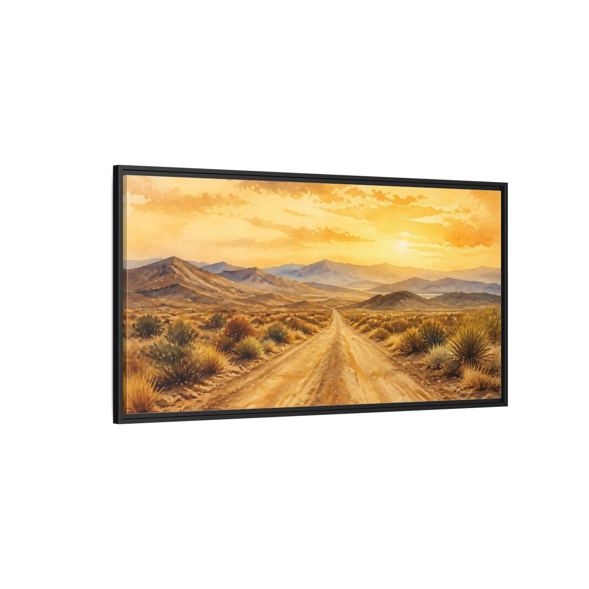 Side Mockup 5. Sunset Desert Road shown as framed canvas print