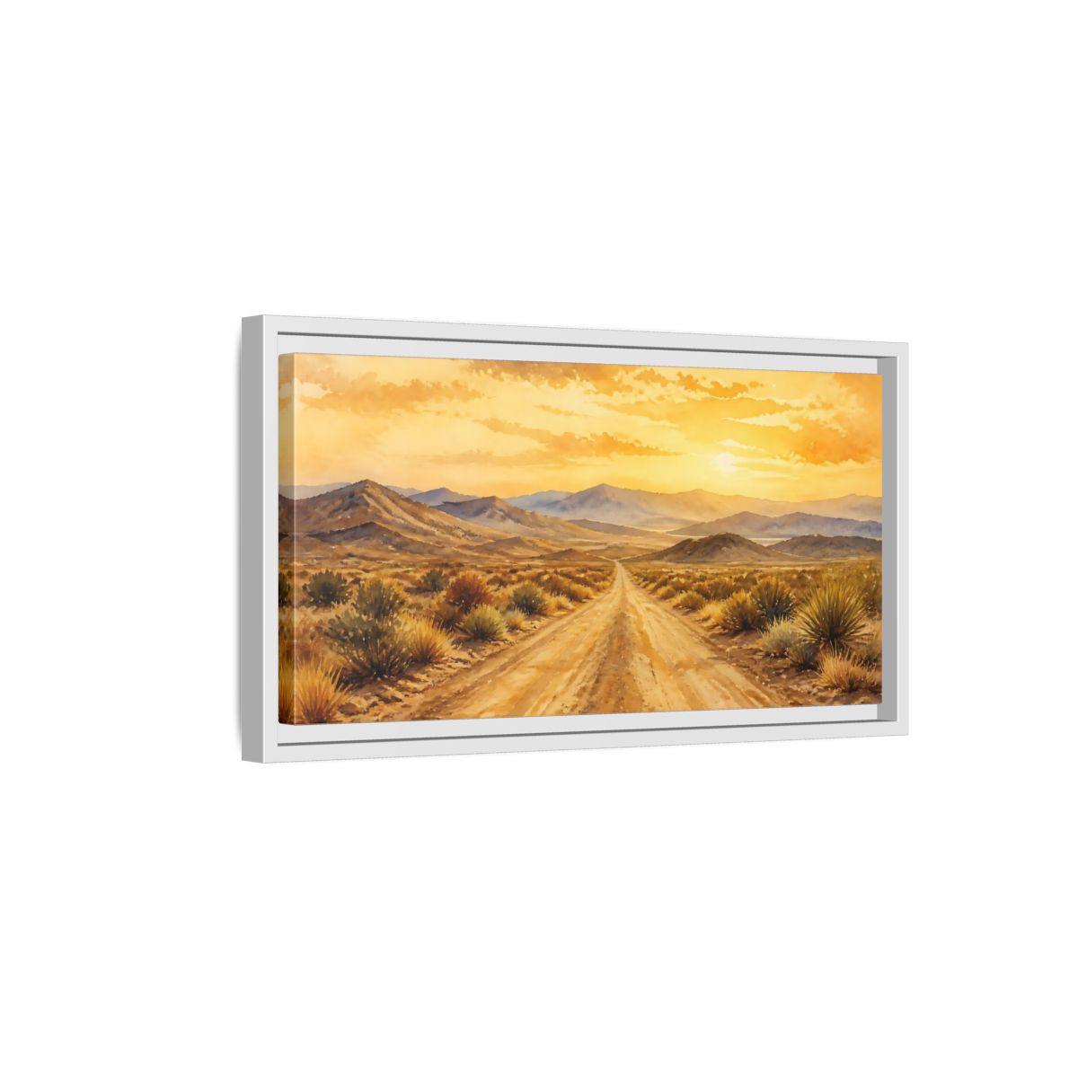 Side Mockup 6. Sunset Desert Road shown as framed canvas print