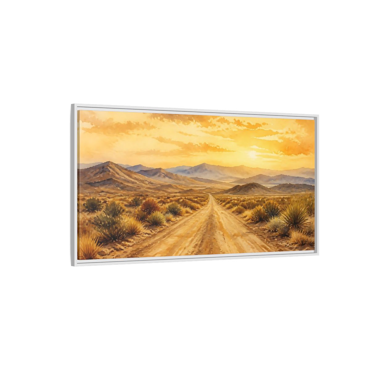 Side Mockup 3. Sunset Desert Road shown as framed canvas print