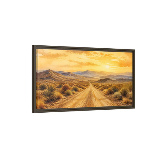 Main Mockup. Sunset Desert Road shown as framed canvas print