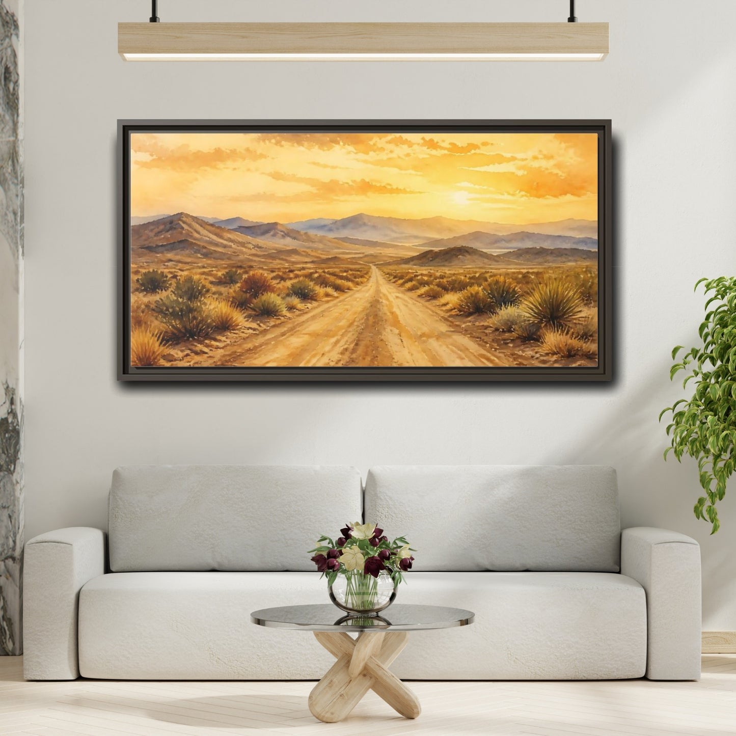 Mockup 2. Sunset Desert Road shown as framed canvas print