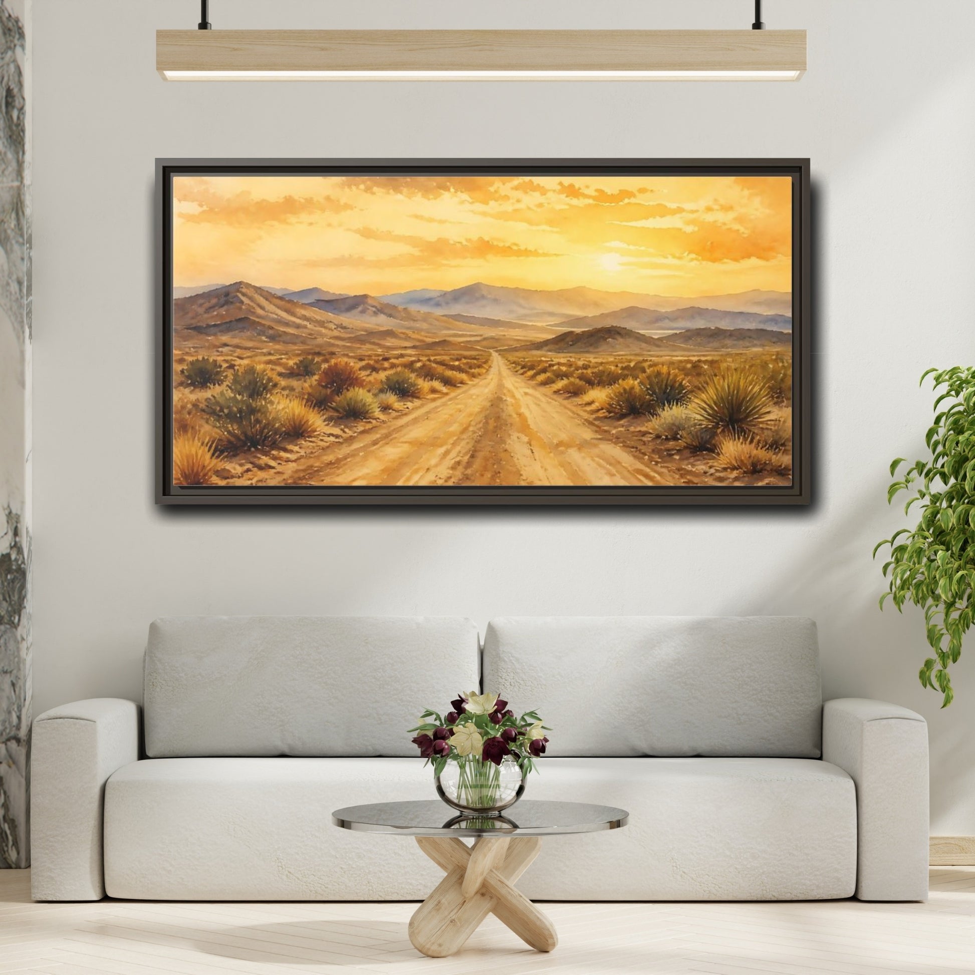 Mockup 2. Sunset Desert Road shown as framed canvas print